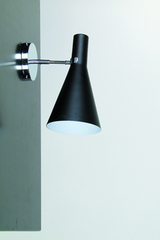 Black wall lamp in conical shape, white interior