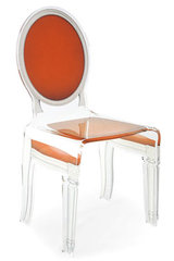 Chaise médaillon baroque en plexiglas Sixteen motif orange. Acrila. 