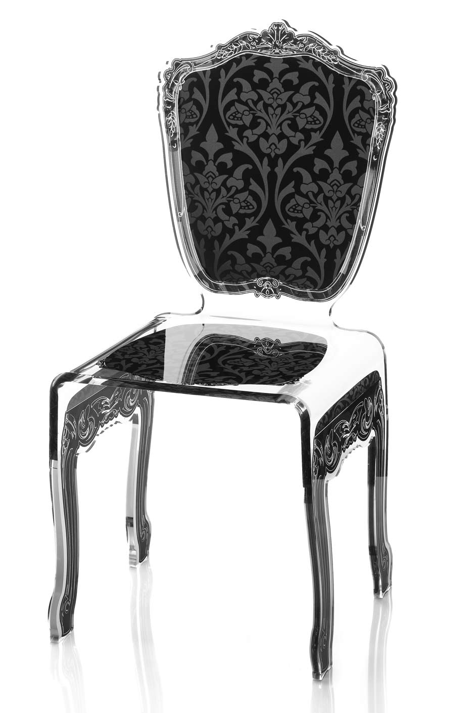 Chaise plexiglas transparent baroque motif noir  Acrila spécialiste du  plexiglas - Réf. 11030353 - mobile