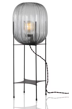 Floor Lamp Lantern Bubbled Gray Glass Black Metal Structure