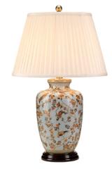 Lampe de table bleue porcelaine motifs oiseaux Gold Birds & Berries. Elstead Lighting. 