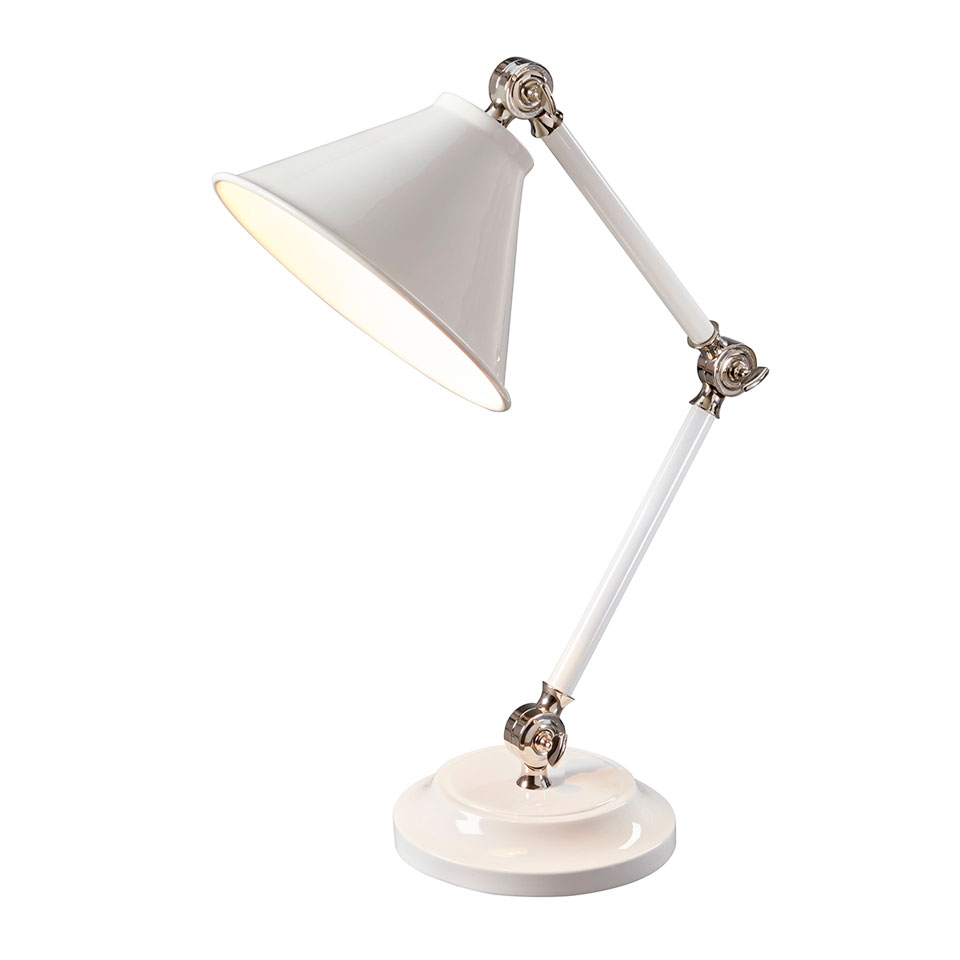 Petite lampe de bureau ou chevet rétro en métal laqué blanc. Elstead Lighting. 