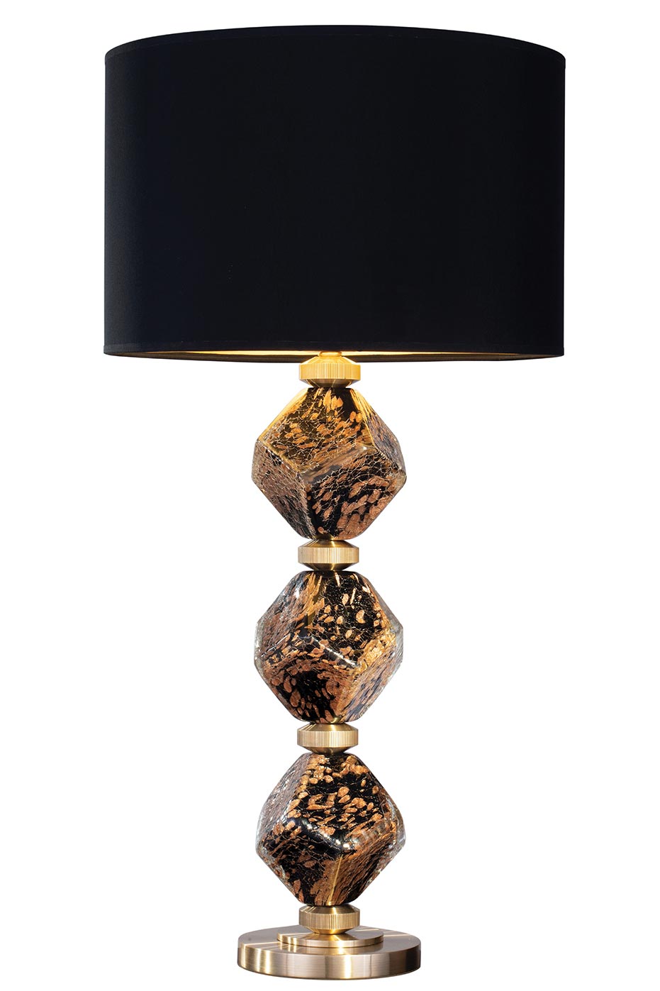 Lampe de table en blocs de verre noir et or et abat-jour noir Argyle Diamond. Fine Art Lamps. 
