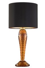 Lampe à poser en verre sculpté ambré et abat-jour noir et or. Fine Art Lamps. Lampe à poser en verre sculpté ambré et abat-jour noir et or. Fine Art Lamps.