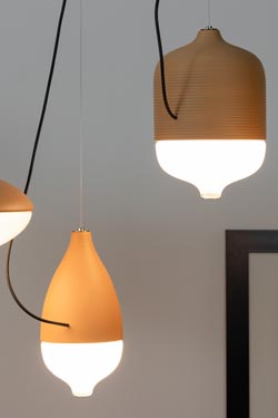 T-cotta pendant light 01 in ceramic and opal glass. Hind Rabii. 