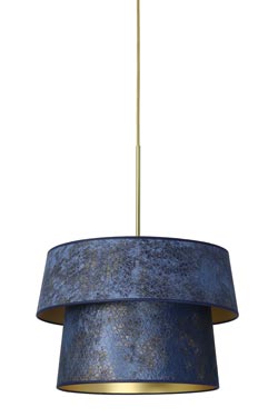 Suspension <br/>à deux abat-jour superposés eau de croco bleu, noir et or. Hind Rabii.  Suspension <br/>à deux abat-jour superposés eau de croco bleu, noir et or. Hind Rabii.