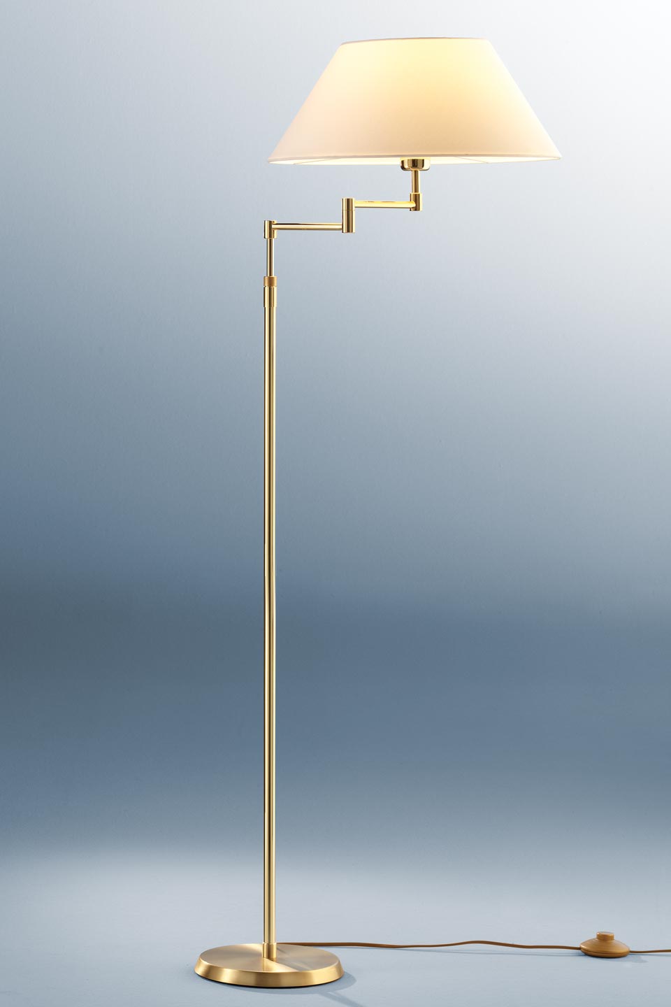 Lampadaire ajustable en hauteur métal doré et abat-jour blanc