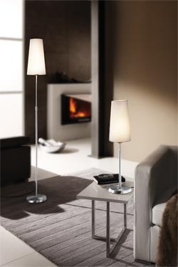 Floor lamp white conical shade cylinder foot in matt nickel-plated metal. Holtkötter. 