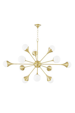 Sputnik 12-light chandelier in gold and shimmering opal glass Ariana. Hudson Valley. 