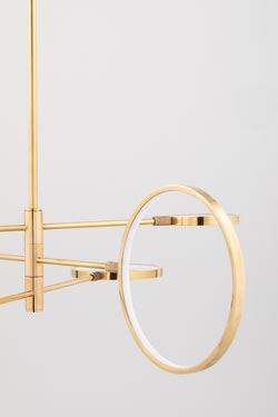 Saturn asymmetric chandelier in gold metal. Hudson Valley. 
