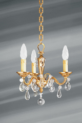 Small chandelier three lights Louis XVI style solid gilt bronze and drops. Lucien Gau. 