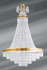 Grand lustre Louis XVI doré cristal de bohème 14 lumières. Lucien Gau. 