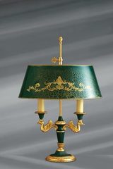 Lampe en bronze massif de style Empire, deux lumières, abat-jour et éléments laqués. Lucien Gau. 