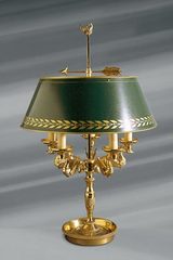 Empire style solid bronze lamp, green shade, five lights. Lucien Gau. 