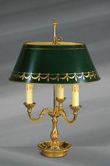 Solid bronze lamp Louis XVI style, three lights, with green and gold painted bronze lampshade. Lucien Gau. 