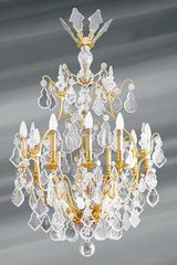 Lustre doré cristal de bohème Louis XVI forme cage quinze lumières. Lucien Gau. 
