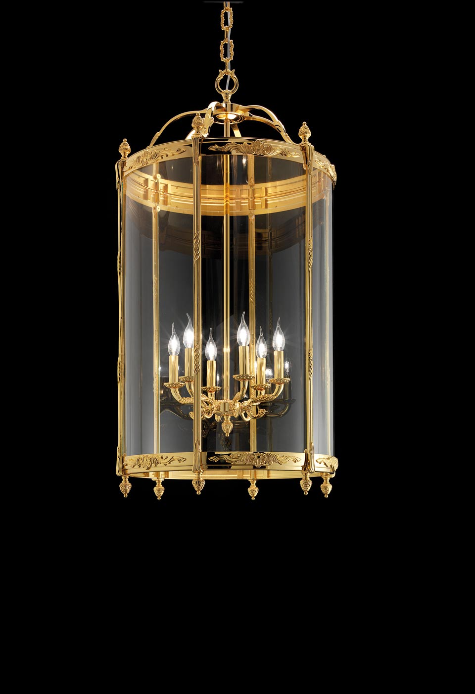 Suspension lanterne traditionnelle dorée 6 lumières. Masiero. 