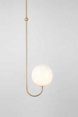 Satined brass pendant with a white globe Single Angle. Michael Anastassiades. 