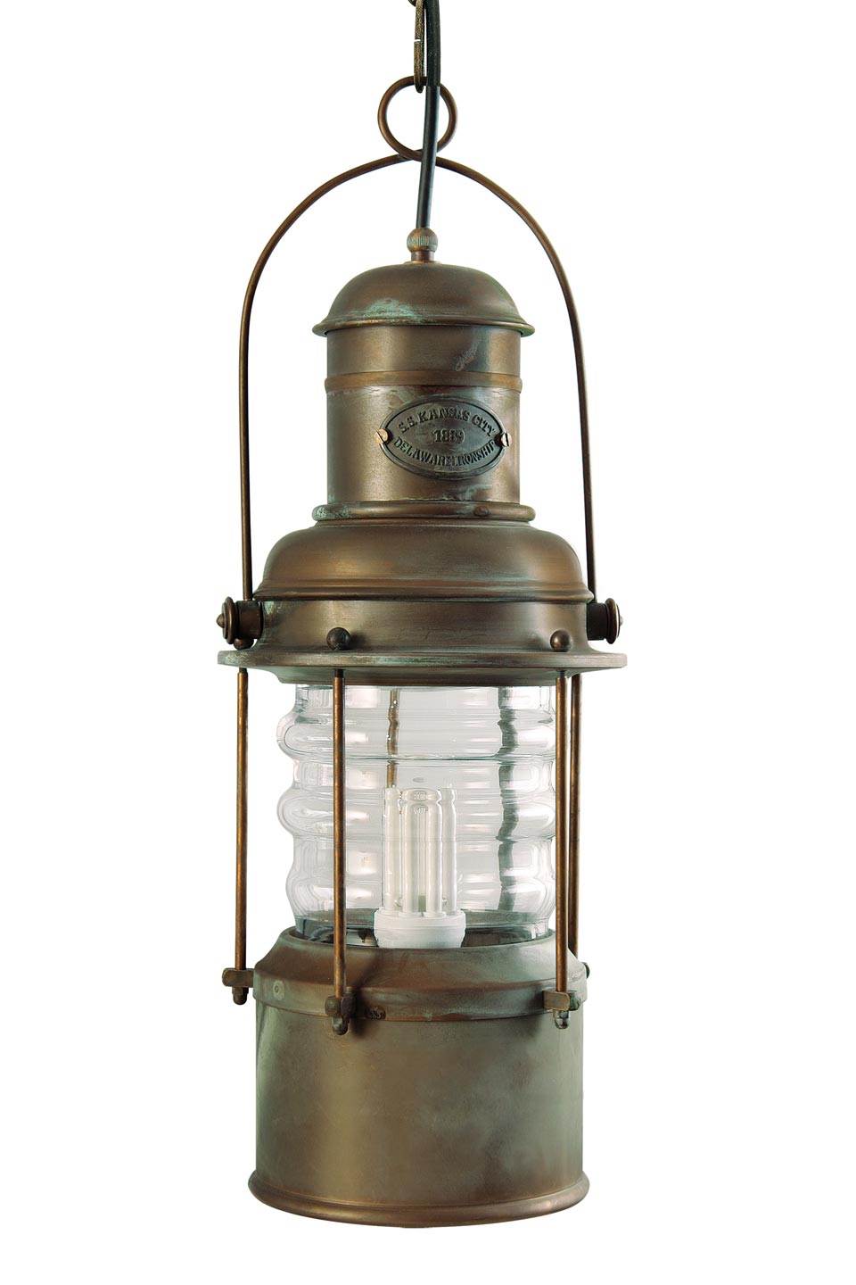 Grande suspension lanterne marine cylindrique en laiton vieilli. Moretti Luce. 