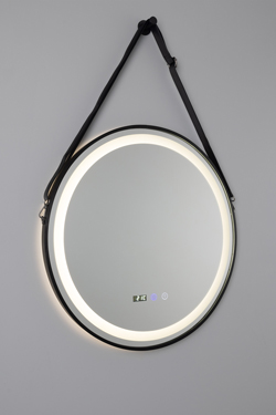 Round illuminated mirror with black strap Sines. Mullan. 