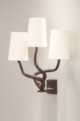 Patined black bronze wall lamp Triple, white lampshades. Objet insolite. 