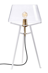 Lampe de table design industriel, avec abat-jour transparent sur trépied blanc Ella. Tonone. Lampe de table design industriel, avec abat-jour transparent sur trépied blanc Ella. Tonone.