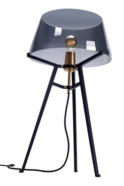Ella table lamp, with lightly smoked glass shade on black tripod. Tonone. 
