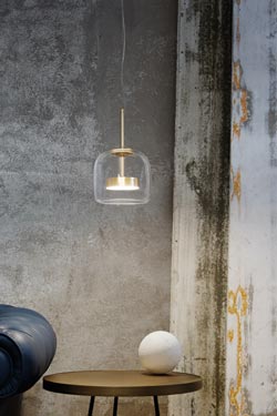 Jube small pendant in clear glass and satined metal. Vistosi. 