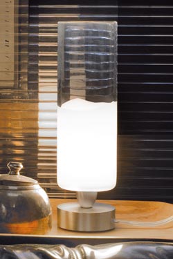 Petite lampe en verre de Murano transparente et blanche en cylindre Collection Lio. Vistosi. 