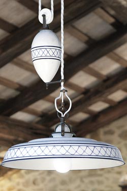 Provence style pendant with blue crosses and border white porcelain and counterweight - Pendants by Aldo Bernardi