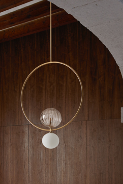 Level pendant lamp green glass balls and black ring 60cm