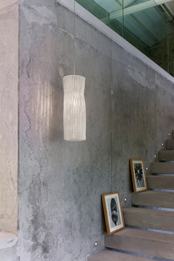 Cylindrical white hanging lamp in Simetech pleated fabric Gea  - Pendants by Arturo Alvarez