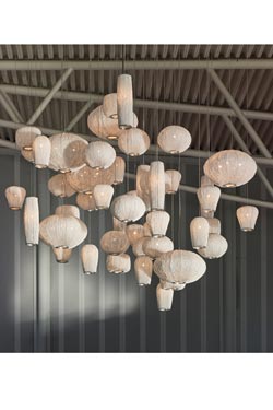 Suspension cylindre large tissu blanc plissé et peint Coral 