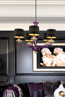Saint Germain purple crystal chandelier with black and gold accents 2 lights