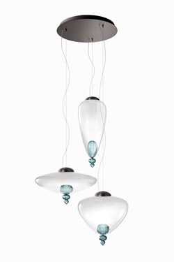 Padma contemporary pendant lamp 3 lights in white and blue Venetian crystalPadma contemporary pendant lamp 3 lights in white and blue Venetian crystal<br/>
