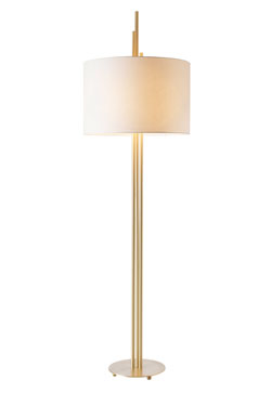 Upper design floor lamp, gilded, in satin brass tube, white lampshade