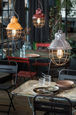 Grey ceramic and rusted metal industrial-style pendant