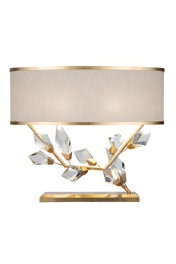 Table lamp with white shade and silver finish base, facing right