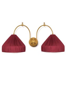 Boileau large double wall lamp in gilded bronze and hanging red theater shade