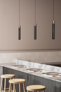 Minimal pendant lamp in ceramic tube and black nickel metal