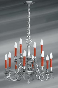 Chandelier Louis XIII bronze patina pewter matt twelve lights - Chandeliers by Lucien Gau