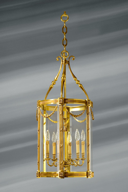 Very large classical lantern in bronze and glass six lights - Chandeliers by Lucien Gau