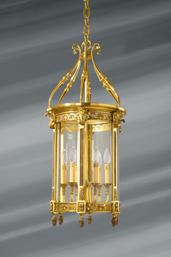 Lanterne de style classique en verre et bronze massif à six lumières  - Lustre by Lucien Gau