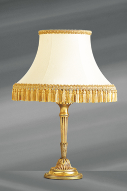 Louis XVI lamp in gilded bronze with white lampshade lined with stripes and pompoms - Table lamps by Lucien Gau