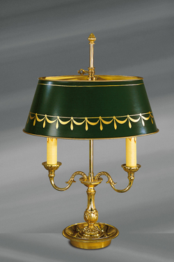 Solid bronze lamp Louis XVI style, two lights, with oval lampshade painted in green - Table lamps by Lucien Gau