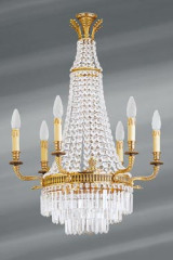 Lustre cristal de bohème doré à pampilles 9 lumières Louis XVI - Lustre by Lucien Gau