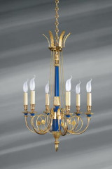 Lustre de style Directoire doré et bleu roi, en bronze massif, six bougies - Lustre by Lucien Gau