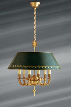 Lustre de style directoire doré or vif et vert bronze, en bronze massif, six bougies - Lustre by Lucien Gau