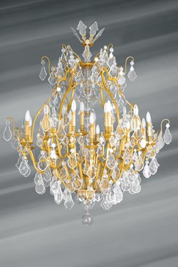 Lustre doré en cristal de bohème Louis XVI forme cage trente lumières - Lustre by Lucien Gau