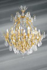 Lustre doré en cristal de bohème Louis XVI forme cage trente lumières - Lustre by Lucien Gau